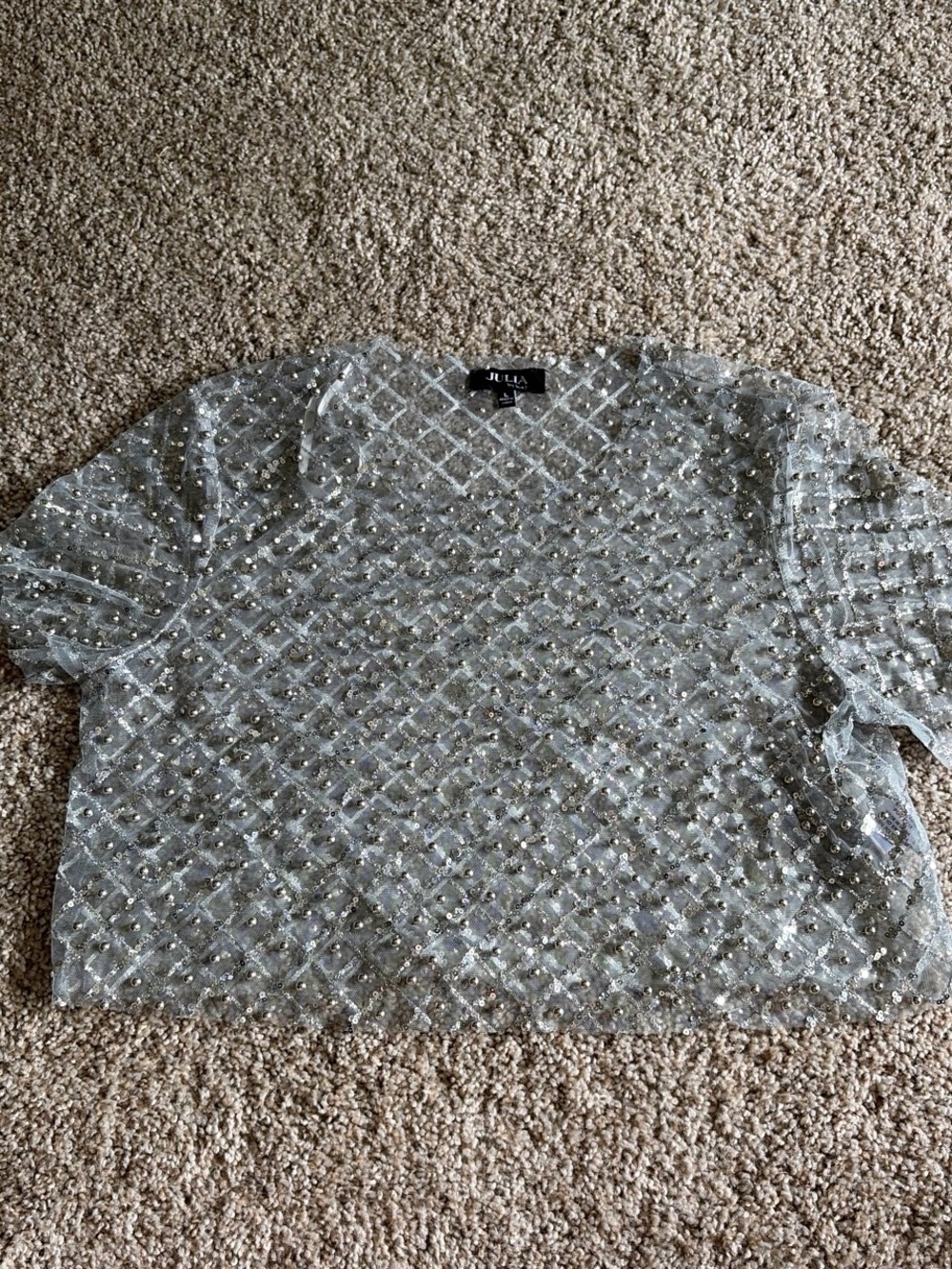 Silver shiny embellished mesh party top